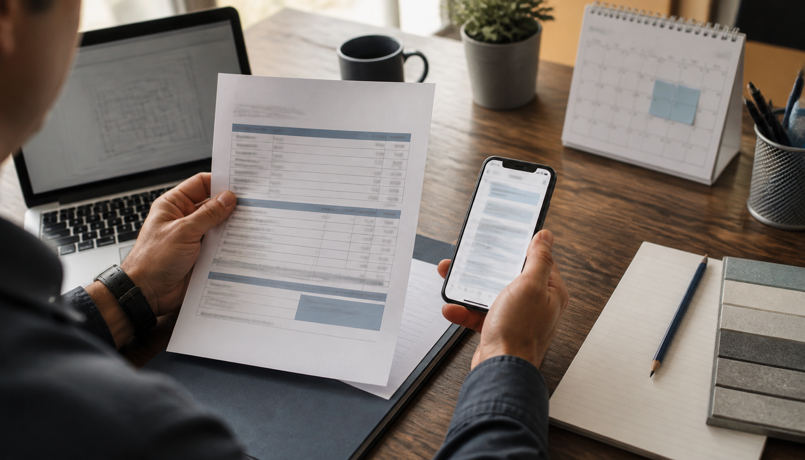 A contractor reviews a project estimate while preparing a follow-up message