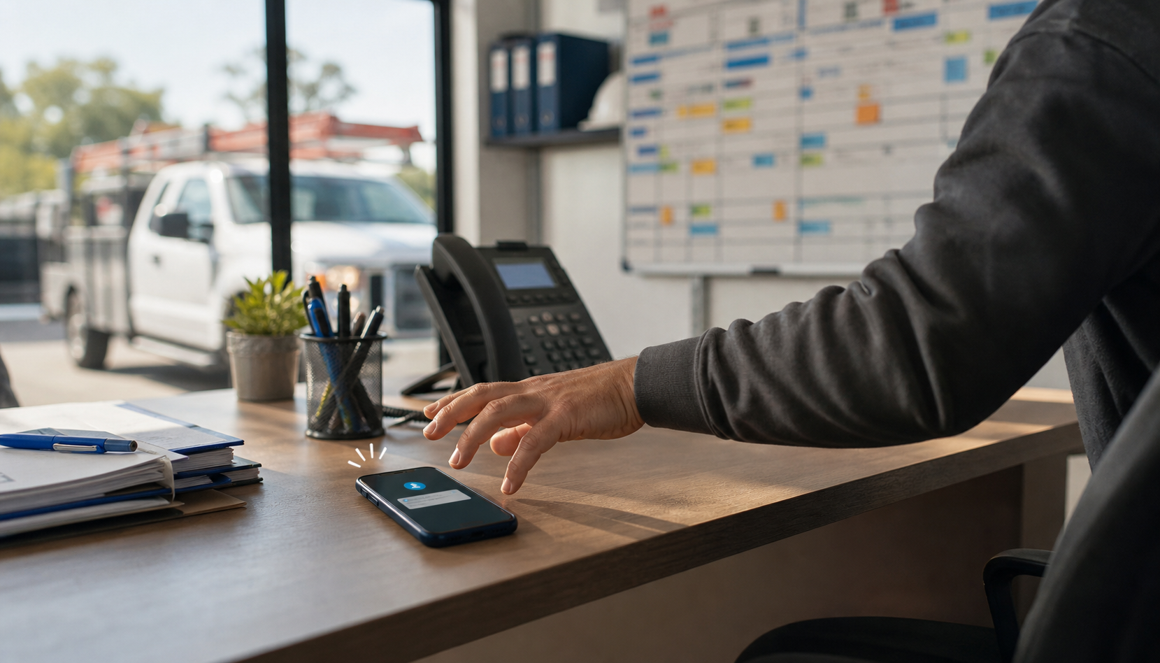 A contractor reaches for a new lead notification at a dispatch desk